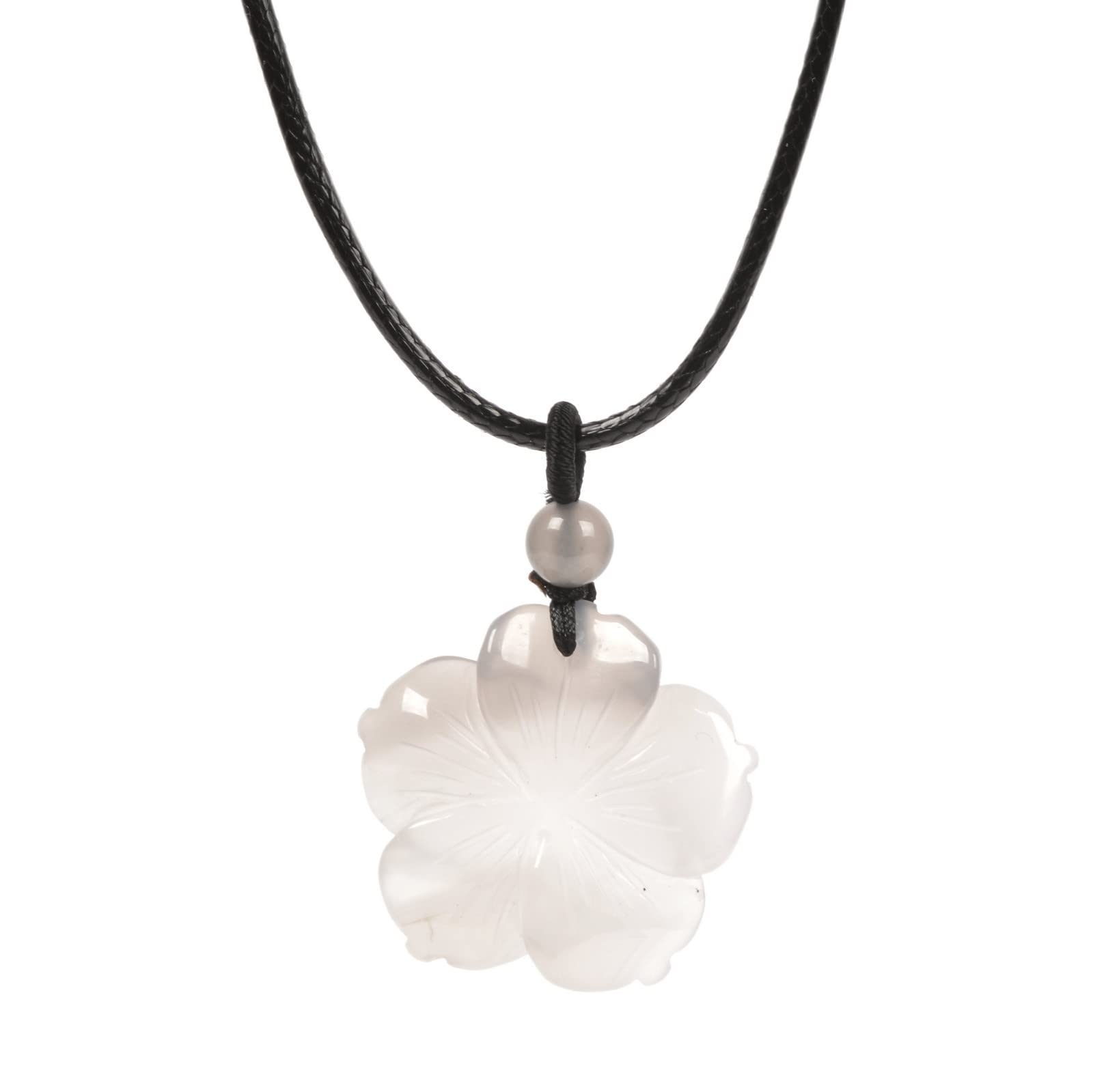 Gray Agate Hand Carved Healing Crystals Gemstone Hawaii Flower Pendant Hand Weaving Wax Rope Necklace 22 inch