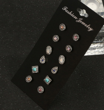 Mini Gemstone Stud Earring Set - 6 Pairs (Geometric)