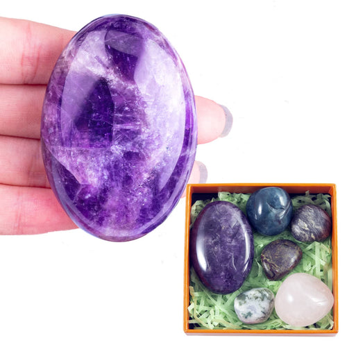 1PC Amethyst Quartz Natural Oval Palm Stone 2.4" + 5PCs Healing Gemstone STINO Real Crystal Worry Stone for Anxitey Pocket Healing Crystal Gem Stones. (Amethyst)