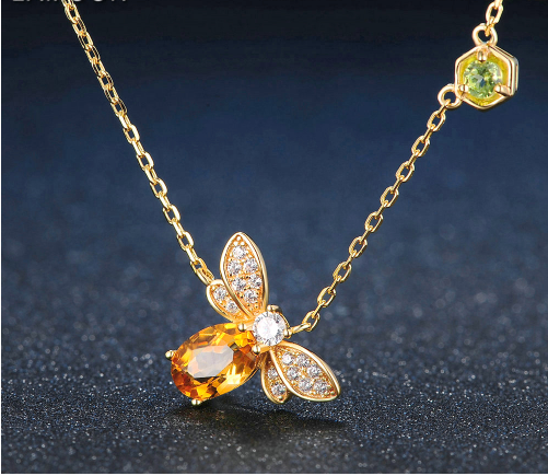 925 Silver Color Gemstone Bee Necklace with Citrine
