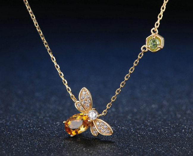 925 Silver Color Gemstone Bee Necklace with Citrine