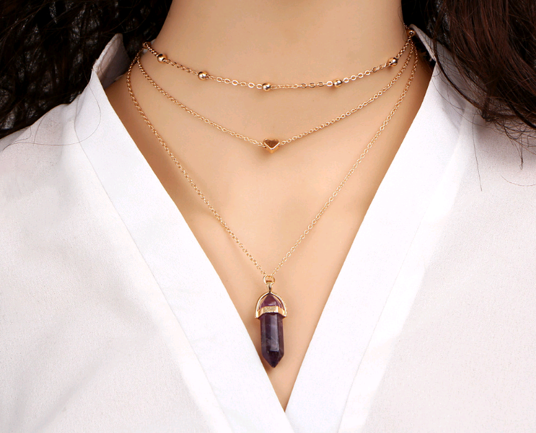 Hexagonal Gemstone Multi-Layer Necklace with Copper Beads