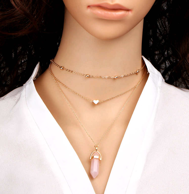 Hexagonal Gemstone Multi-Layer Necklace with Copper Beads