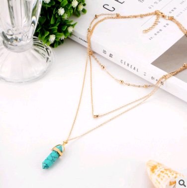 Hexagonal Gemstone Multi-Layer Necklace with Copper Beads