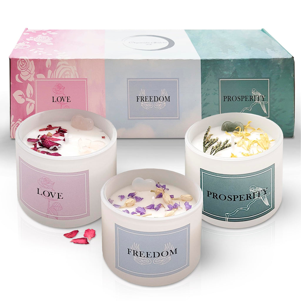 Pack of 3 Premium Scented Crystal Candles | Healing Aromatherapy Infused with Lavender Vanilla Rose & Silver Mountain | Made with 100% Pure Soy Wax Natural Essential Oils & Cotton Wick