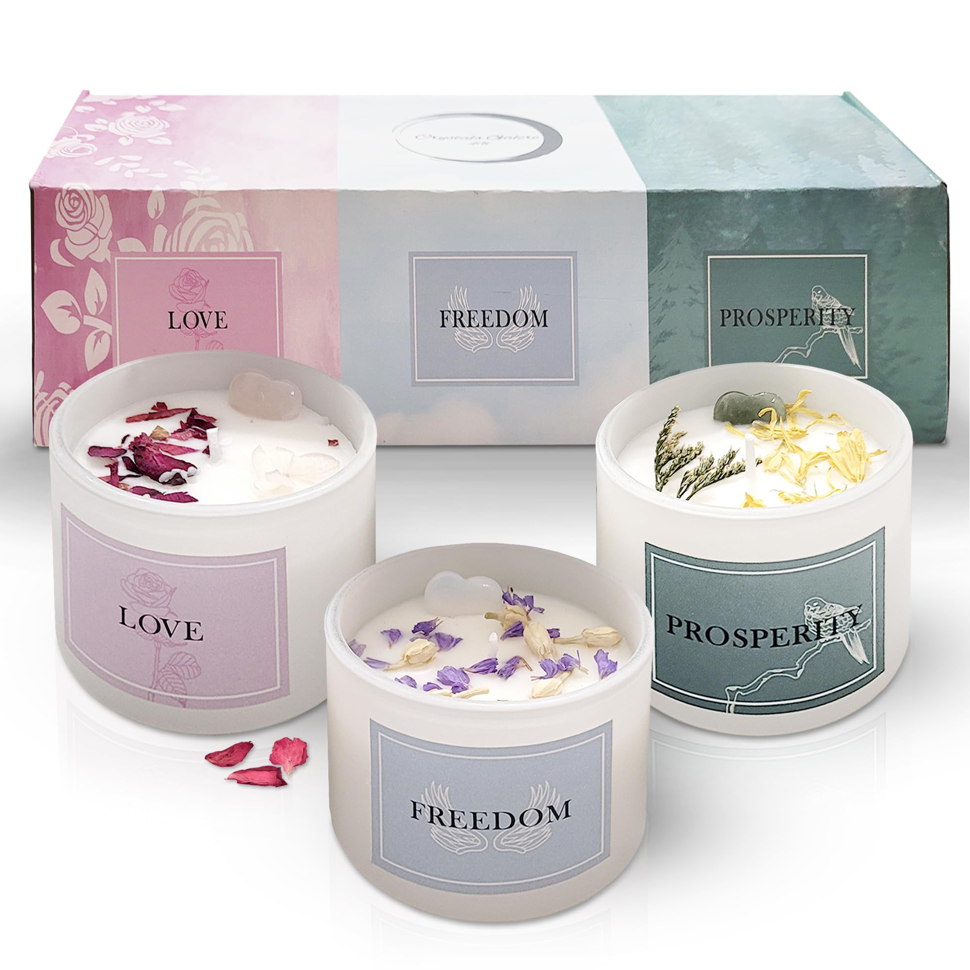Pack of 3 Premium Scented Crystal Candles | Healing Aromatherapy Infused with Lavender Vanilla Rose & Silver Mountain | Made with 100% Pure Soy Wax Natural Essential Oils & Cotton Wick