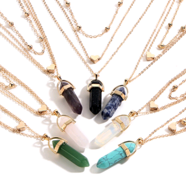 Hexagonal Gemstone Multi-Layer Necklace with Copper Beads