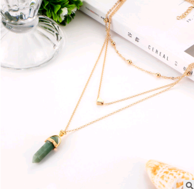 Hexagonal Gemstone Multi-Layer Necklace with Copper Beads