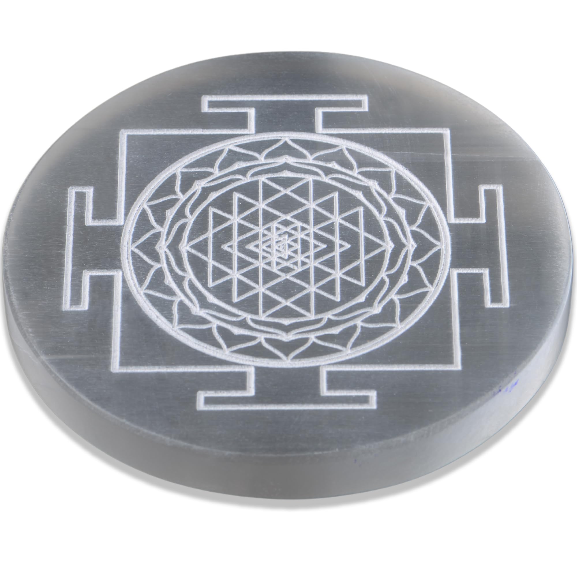 ANAYA AGATE Selenite Charging Plate with Sri Yantra Design - 4" Engraved Healing Crystal Charger | Round Disc Coaster for Home Office Table Decor | Amplify Energy Cleanse Crystals Spiritual Gift
