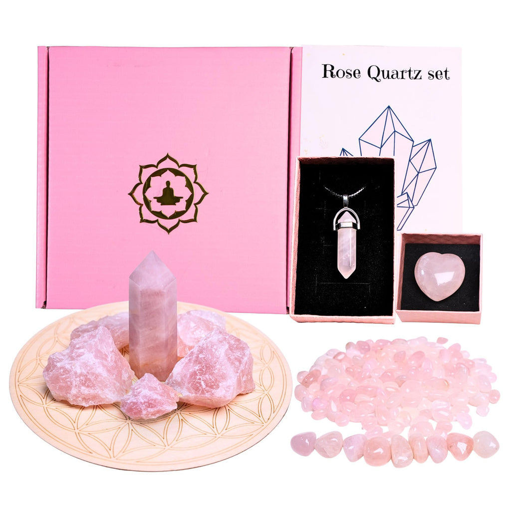 Genuine Rose Quartz Healing Crystal Set - Includes Pillar Tumbled and Raw Stones Necklace Heart Chips - Ideal for Meditation Chakra Balancing Reiki and Home Decor