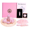 Genuine Rose Quartz Healing Crystal Set - Includes Pillar Tumbled and Raw Stones Necklace Heart Chips - Ideal for Meditation Chakra Balancing Reiki and Home Decor