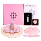Genuine Rose Quartz Healing Crystal Set - Includes Pillar Tumbled and Raw Stones Necklace Heart Chips - Ideal for Meditation Chakra Balancing Reiki and Home Decor