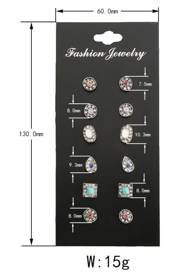Mini Gemstone Stud Earring Set - 6 Pairs (Geometric)