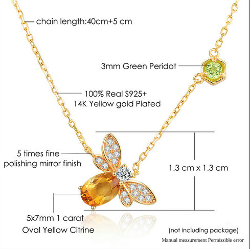 925 Silver Color Gemstone Bee Necklace with Citrine