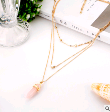Hexagonal Gemstone Multi-Layer Necklace with Copper Beads