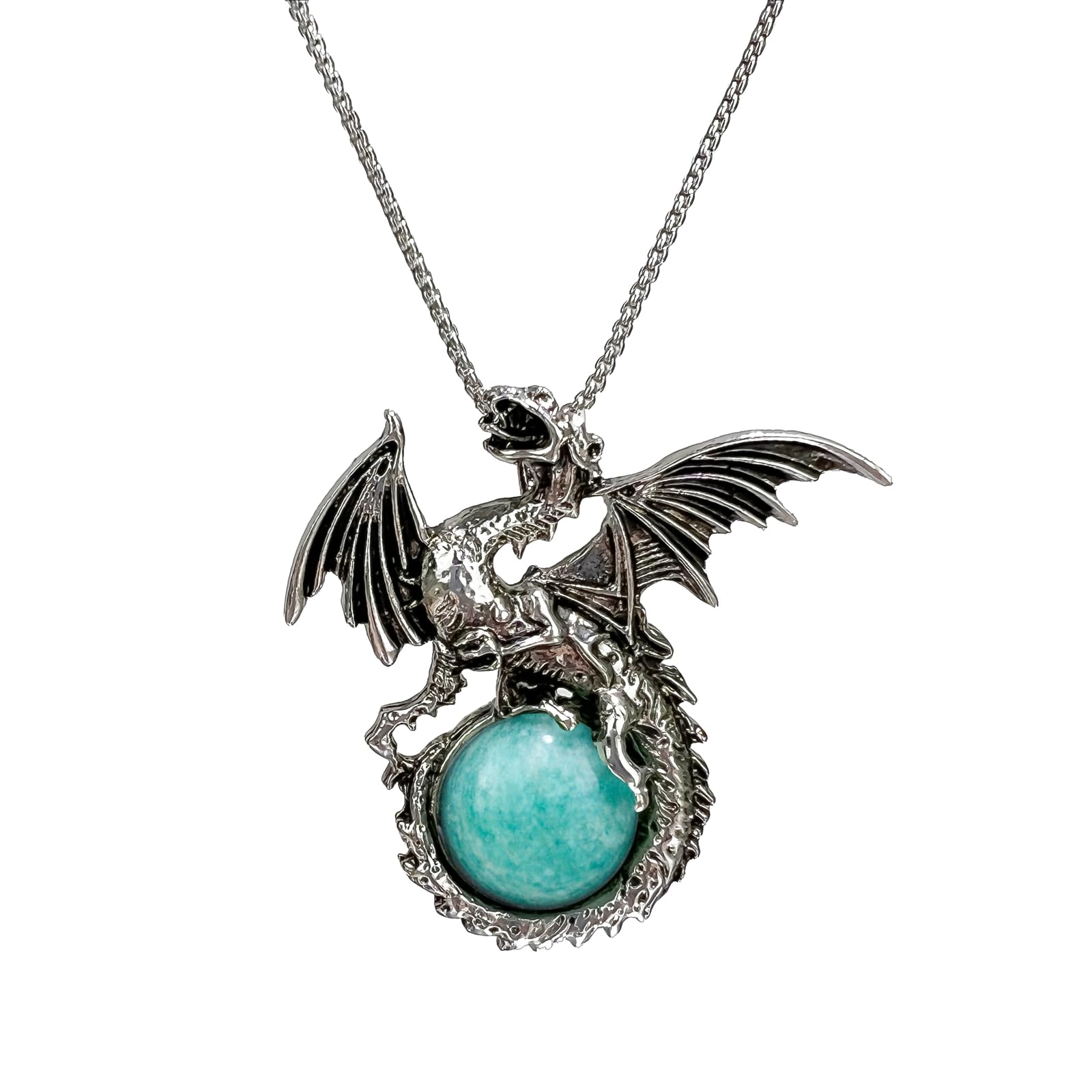 Dragon Necklace for Men Women Unique Necklace Crystal Necklace Natural Gemstone Necklace Dragon Jewelry Dinosaur Necklace Silver Dragon Pendant Necklace (Amazonite)