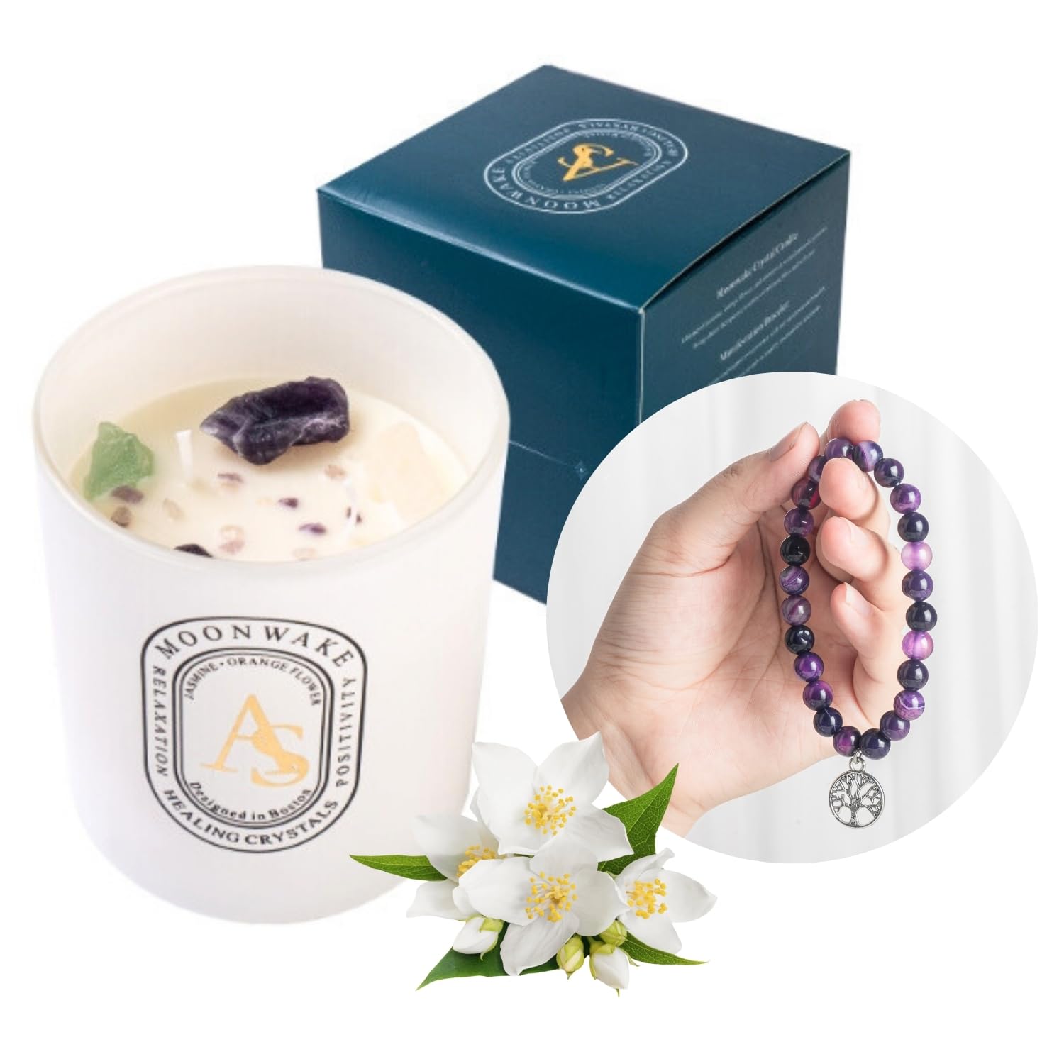 Healing Crystal Candles with Amethyst Bracelet Set 6oz Non Toxic Chakra Candles for Home Spiritual Aromatherapy Gifts for Women Mom. Organic Natural Soy Self Love Manifestation Candle