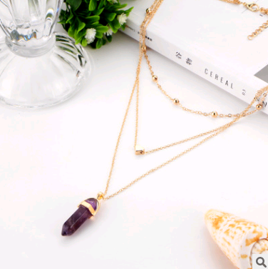 Hexagonal Gemstone Multi-Layer Necklace with Copper Beads