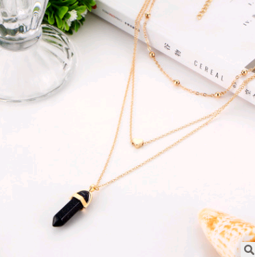 Hexagonal Gemstone Multi-Layer Necklace with Copper Beads